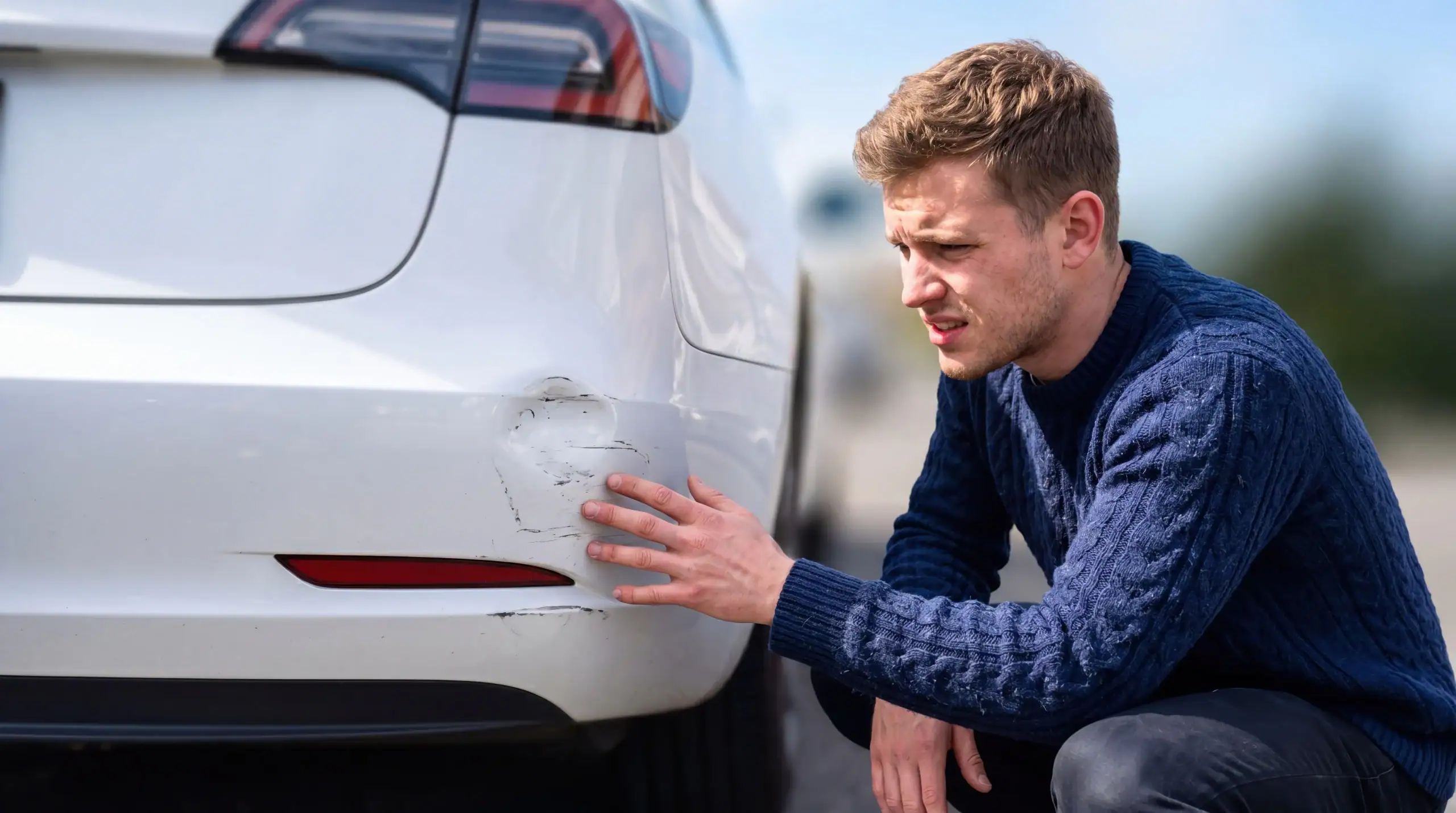 A man inspects a dent and scrape on a white car’s rear bumper outdoors in daylight.