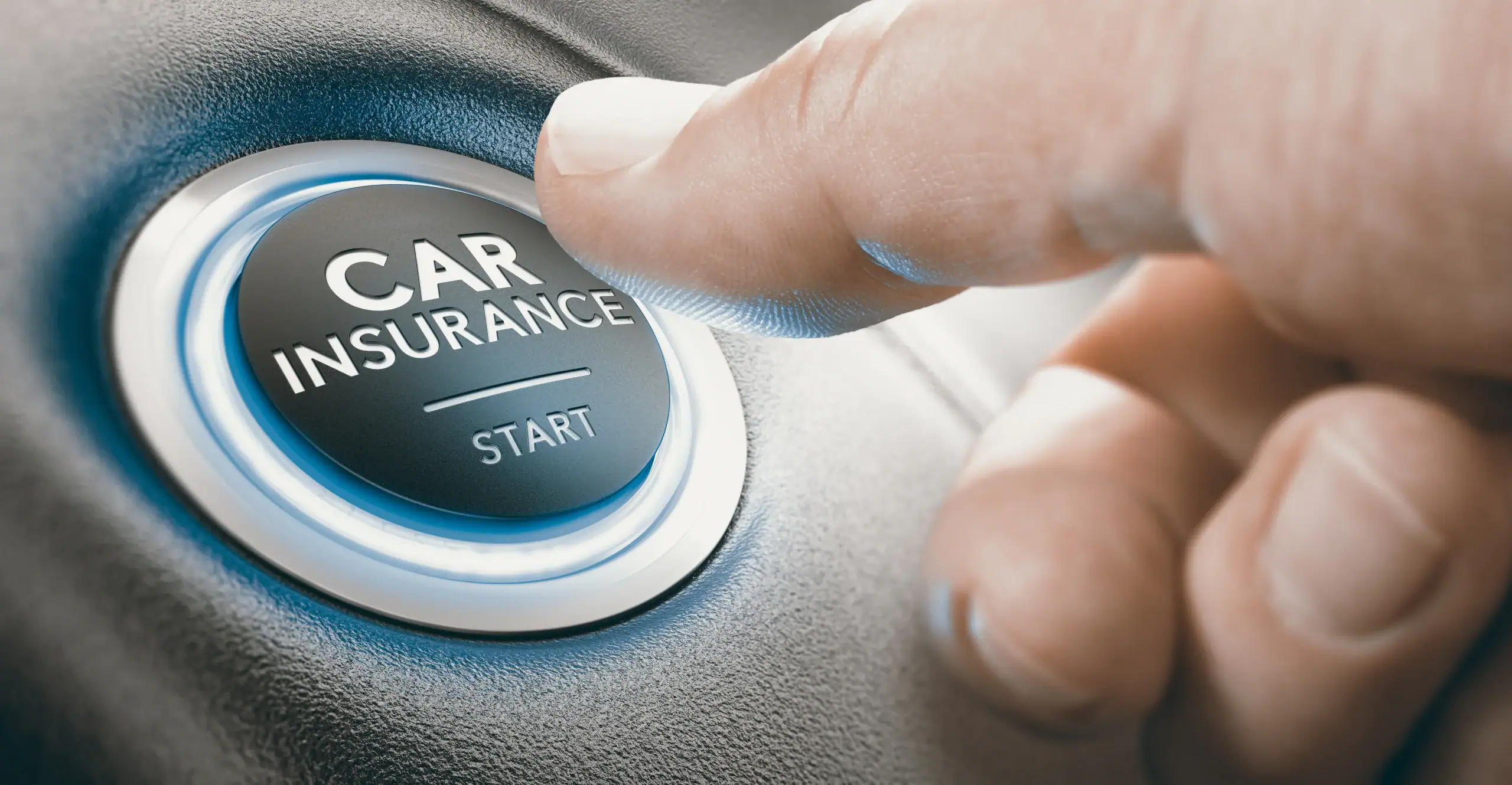 A finger presses a “Car Insurance Start” button on a black surface, highlighting car insurance signup.