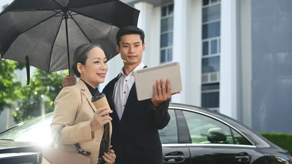 Two business professionals stand next to a car; one has an umbrella and tablet, the other holds coffee.